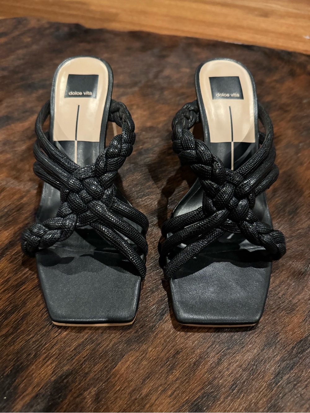 Dolce Vita Black Braided Strap Square Toe Heels